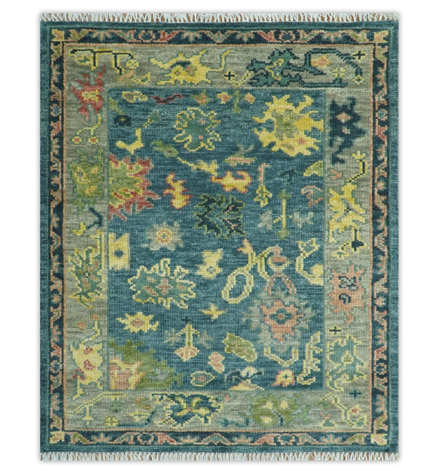 Antique look Teal and Olive Hand Knotted Traditional Oushak Custom Made wool rug