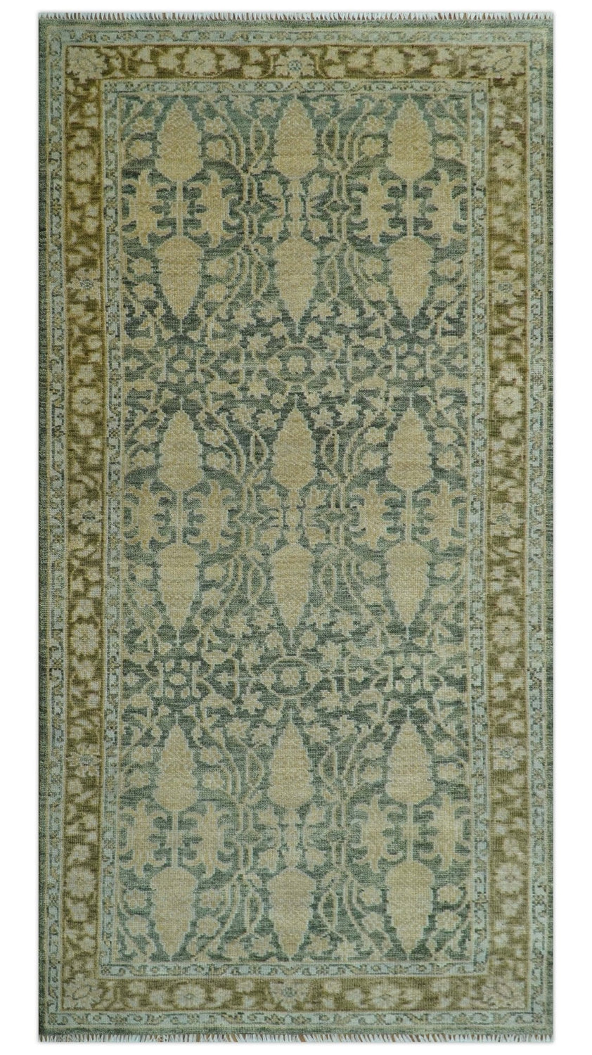 Antique look vintage style Green, Beige and Brown traditional Hand Knotted Multi Size wool rug