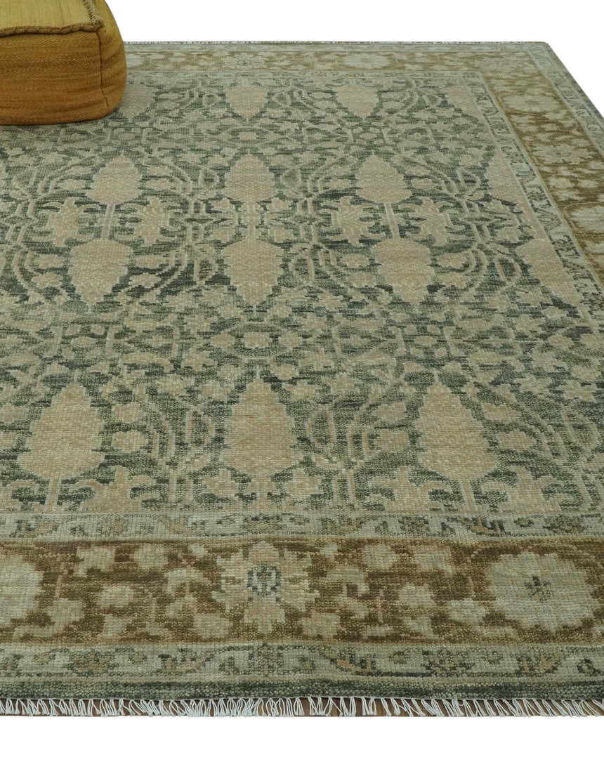 Antique look vintage style Green, Beige and Brown traditional Hand Knotted Multi Size wool rug