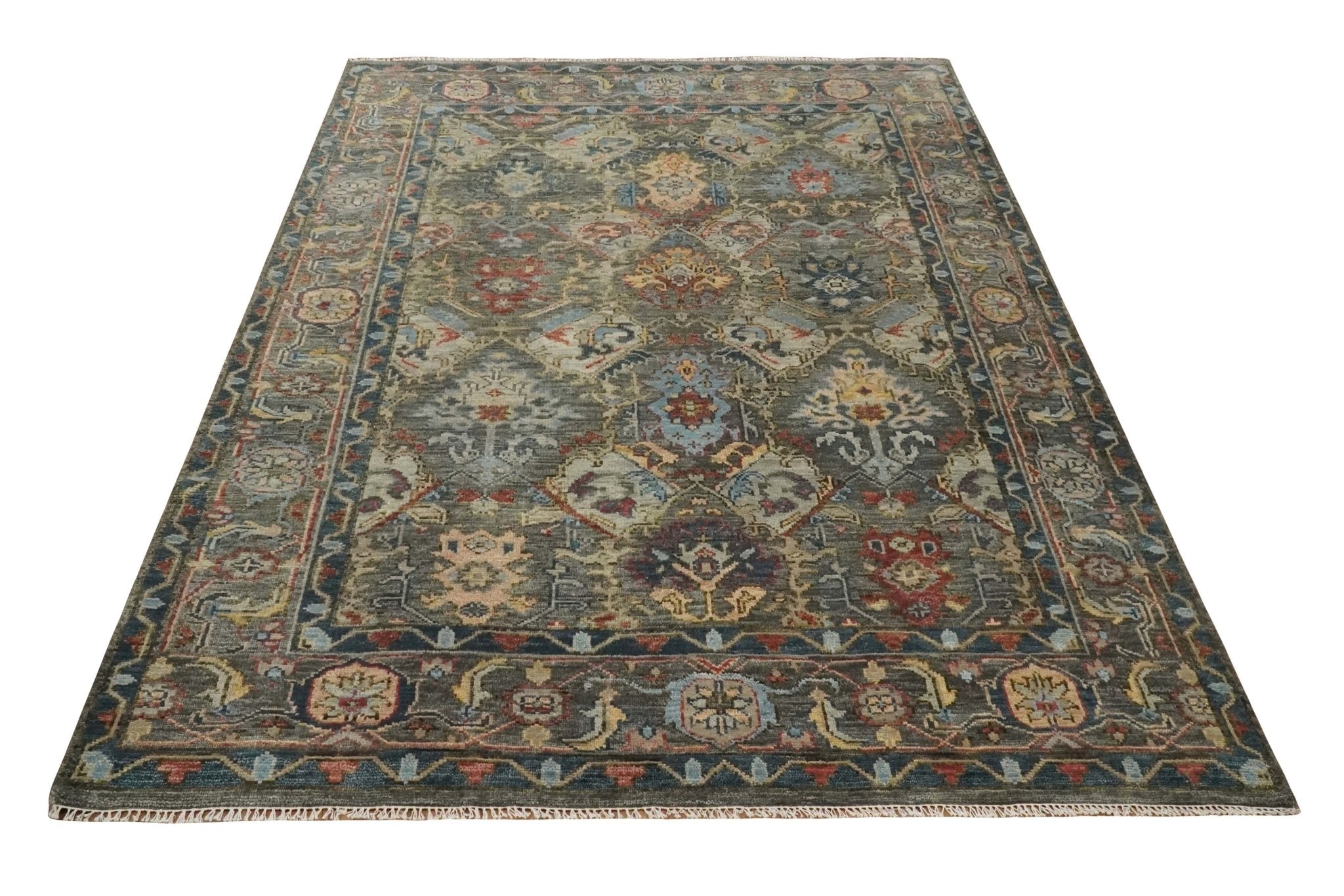 Antique Moss All Wool Traditional Oushak Charcoal, Brown and Blue