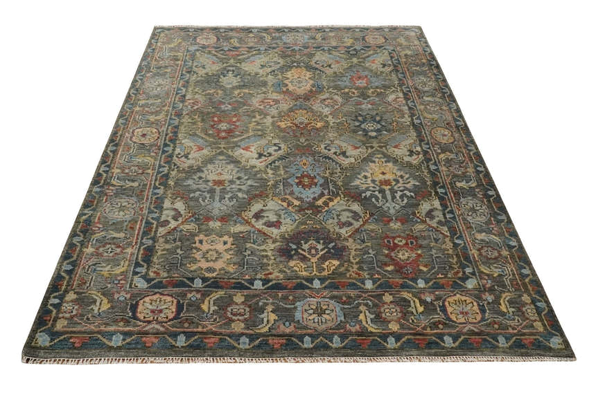 Antique Moss All Wool Traditional Oushak Charcoal, Brown and Blue Hand knotted Custom Made wool Area Rug