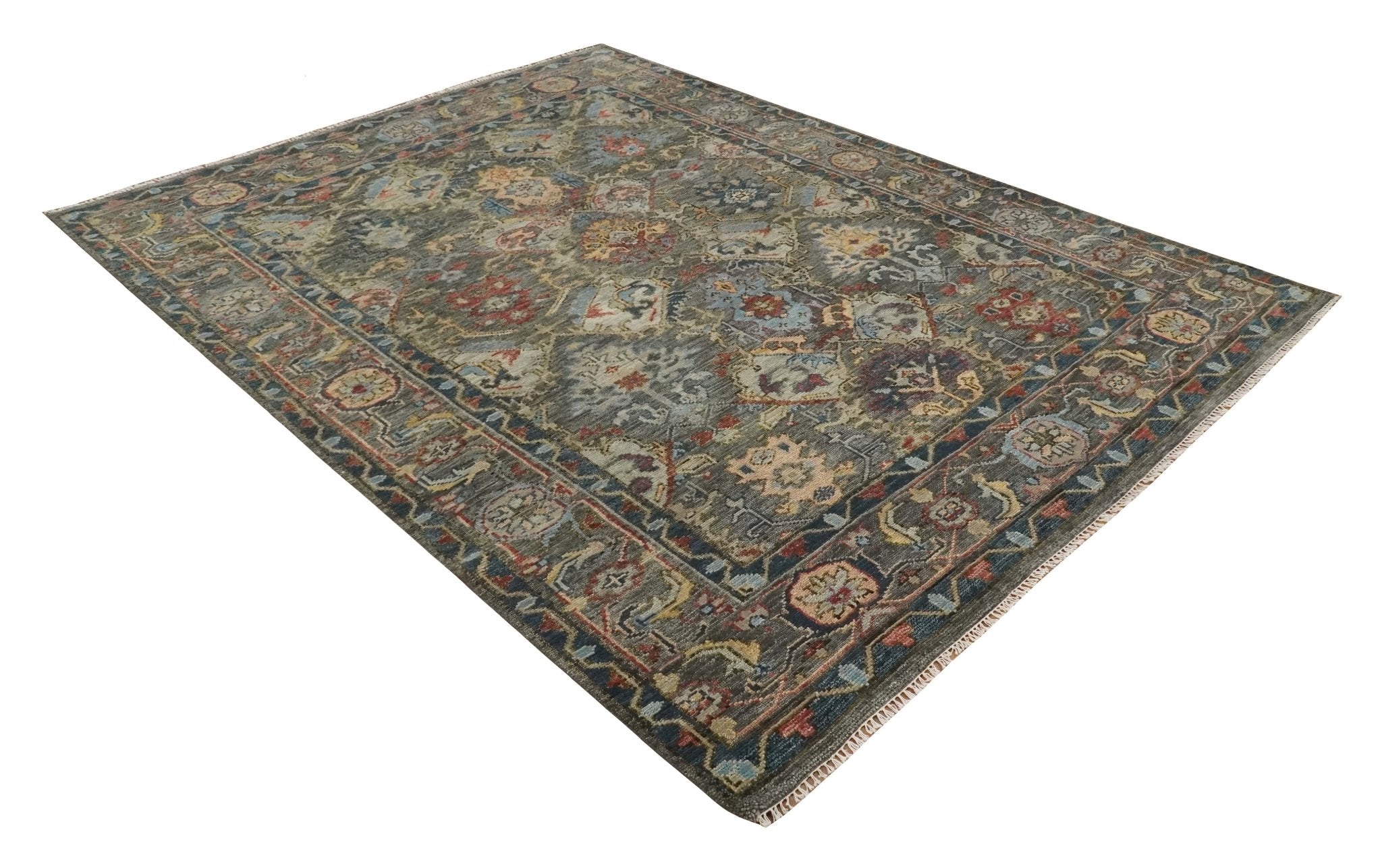 Antique Moss All Wool Traditional Oushak Charcoal, Brown and Blue
