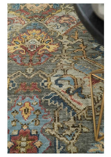 Antique Moss All Wool Traditional Oushak Charcoal, Brown and Blue Hand knotted Custom Made wool Area Rug