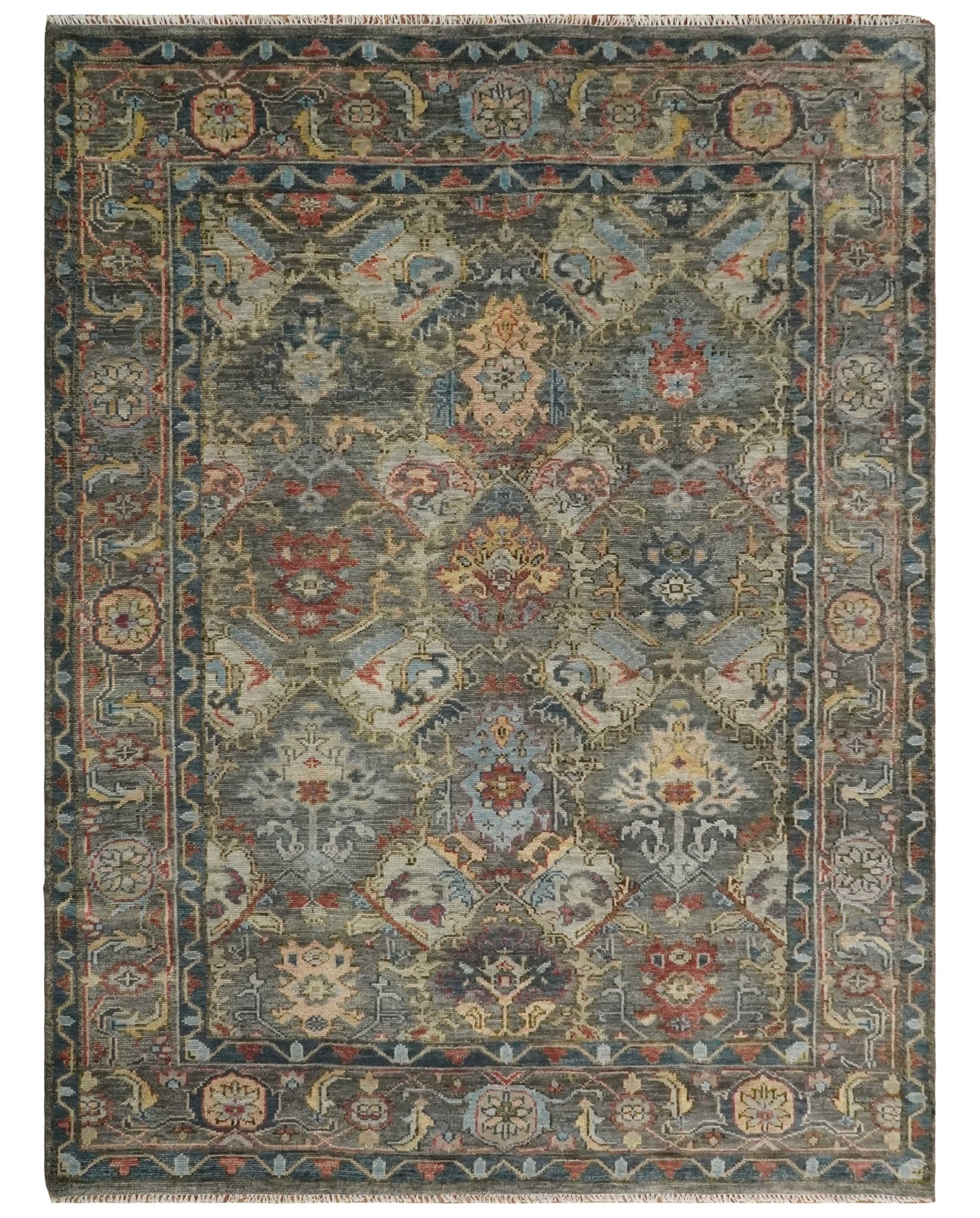 Antique Moss All Wool Traditional Oushak Charcoal, Brown and Blue