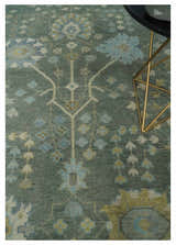 Antique Moss Charcoal Hand Knotted Olive and Beige Traditional Floral Vintage Wool Rug