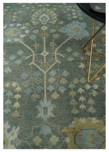 Antique Moss Charcoal Hand Knotted Olive and Beige Traditional Floral Vintage Wool Rug