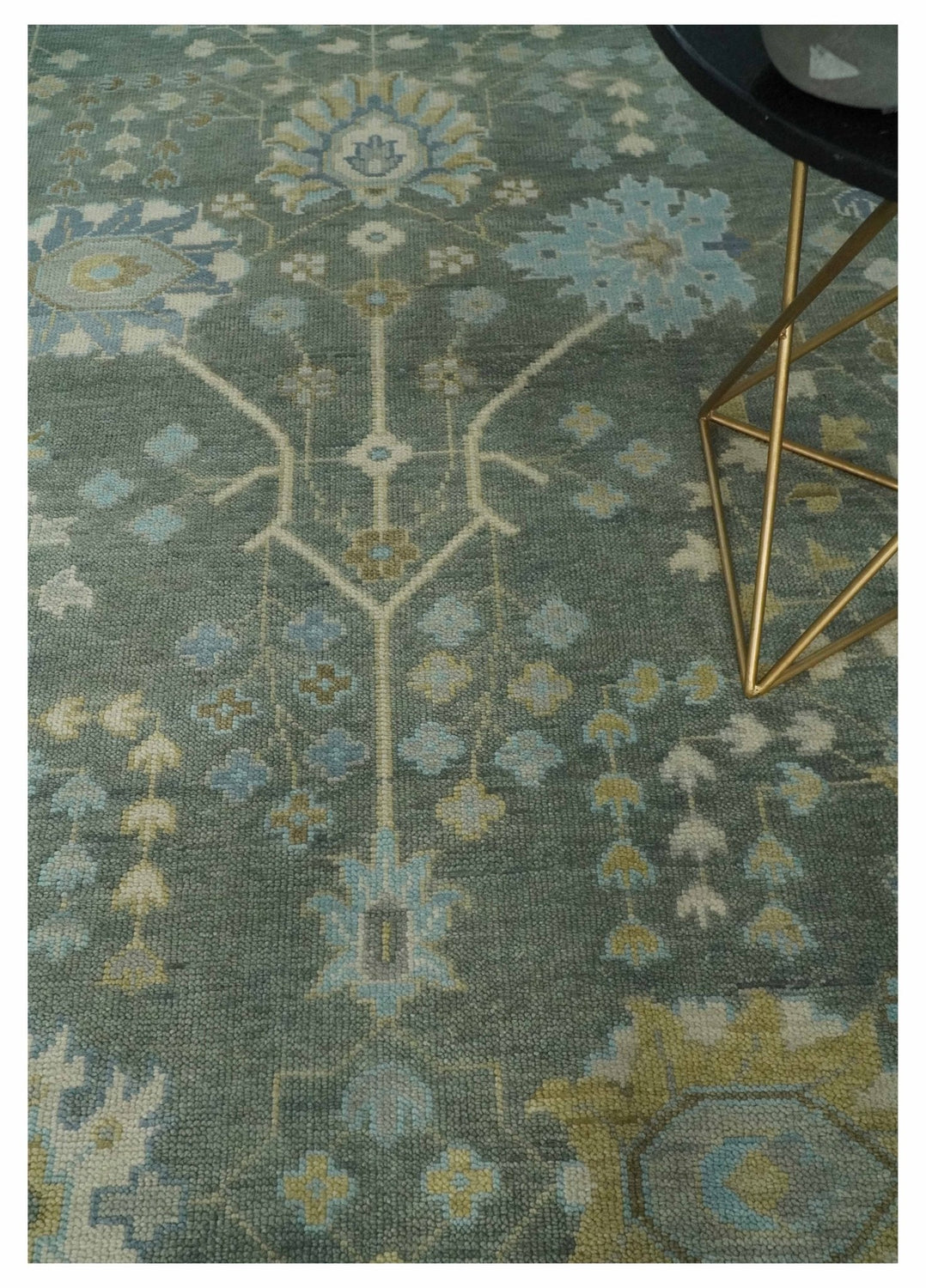 Antique Moss Charcoal Hand Knotted Olive and Beige Traditional Floral Vintage Wool Rug