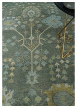 Antique Moss Charcoal Hand Knotted Olive and Beige Traditional Floral Vintage Wool Rug