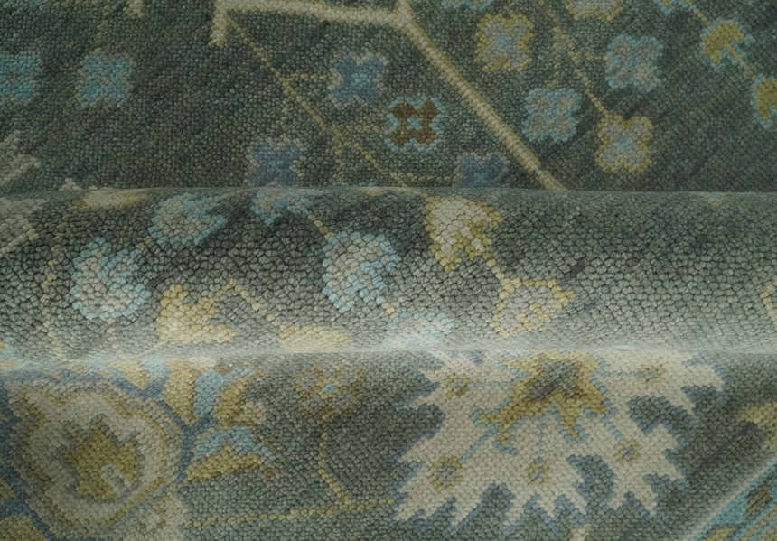 Antique Moss Charcoal Hand Knotted Olive and Beige Traditional Floral Vintage Wool Rug