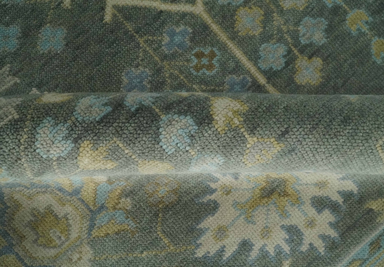 Antique Moss Charcoal Hand Knotted Olive and Beige Traditional Floral Vintage Wool Rug