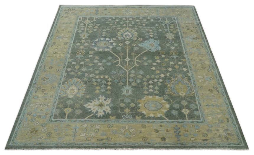 Antique Moss Charcoal Hand Knotted Olive and Beige Traditional Floral Vintage Wool Rug