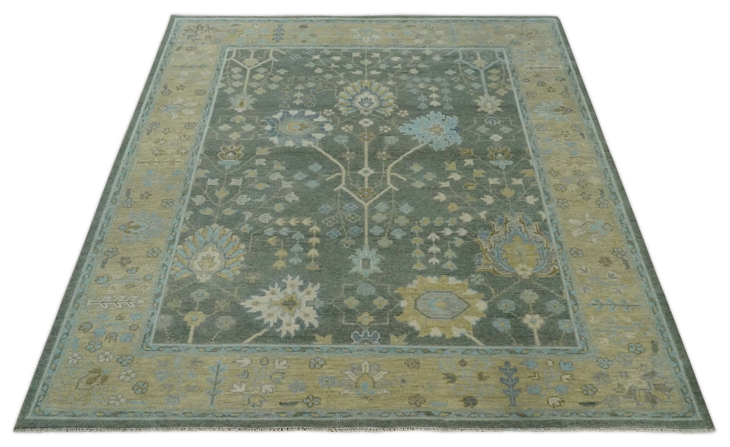 Antique Moss Charcoal Hand Knotted Olive and Beige Traditional Floral Vintage Wool Rug