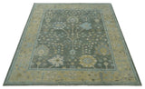 Antique Moss Charcoal Hand Knotted Olive and Beige Traditional Floral Vintage Wool Rug