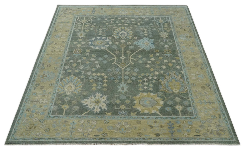 Antique Moss Charcoal Hand Knotted Olive and Beige Traditional Floral Vintage Wool Rug