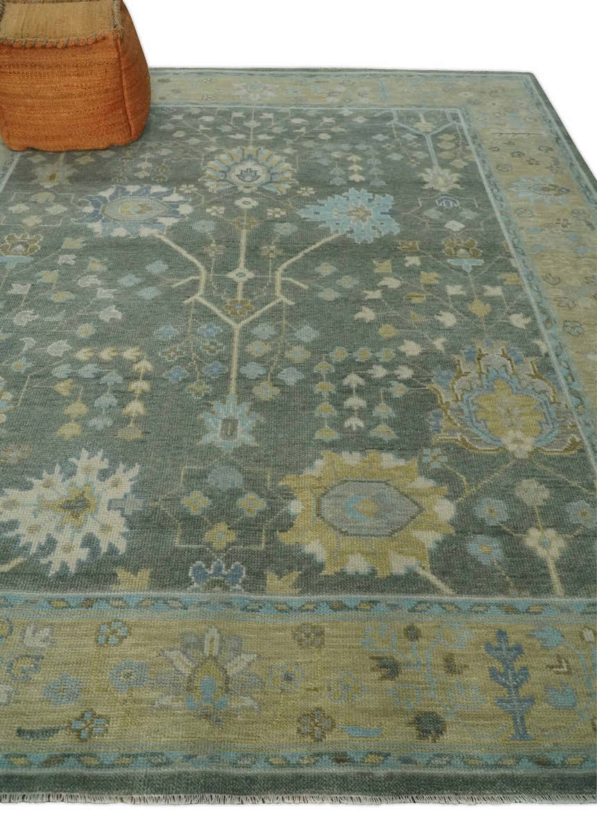 Antique Moss Charcoal Hand Knotted Olive and Beige Traditional Floral Vintage Wool Rug