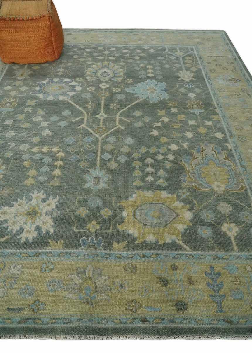 Antique Moss Charcoal Hand Knotted Olive and Beige Traditional Floral Vintage Wool Rug