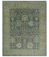 Antique Moss Charcoal Hand Knotted Olive and Beige Traditional Floral Vintage Wool Rug