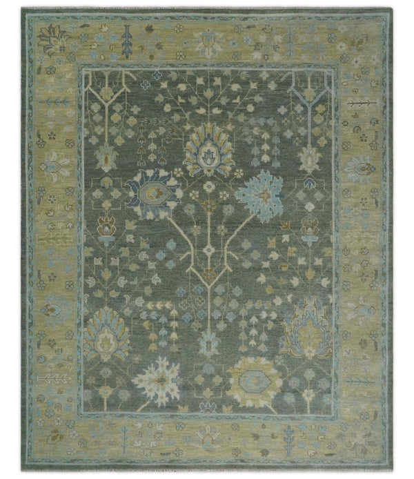 Antique Moss Charcoal Hand Knotted Olive and Beige Traditional Floral Vintage Wool Rug