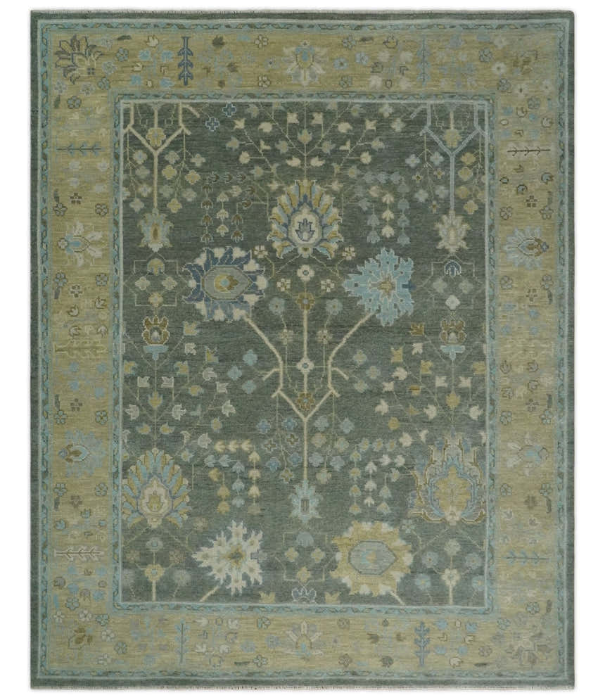 Antique Moss Charcoal Hand Knotted Olive and Beige Traditional Floral Vintage Wool Rug