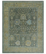 Antique Moss Charcoal Hand Knotted Olive and Beige Traditional Floral Vintage Wool Rug