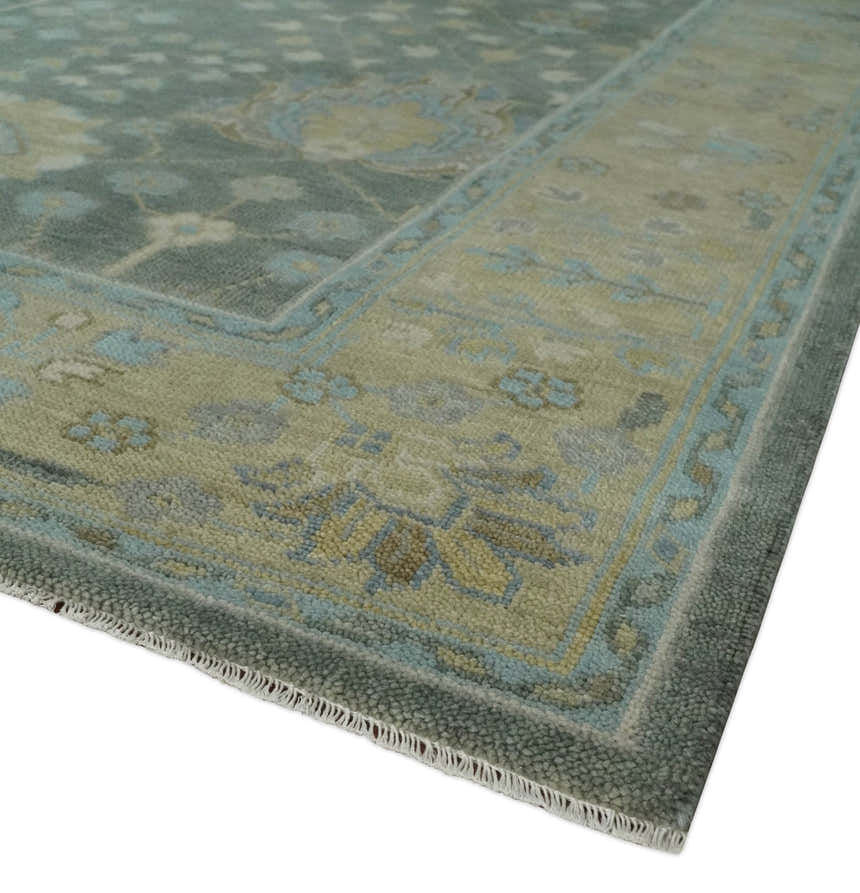 Antique Moss Charcoal Hand Knotted Olive and Beige Traditional Floral Vintage Wool Rug