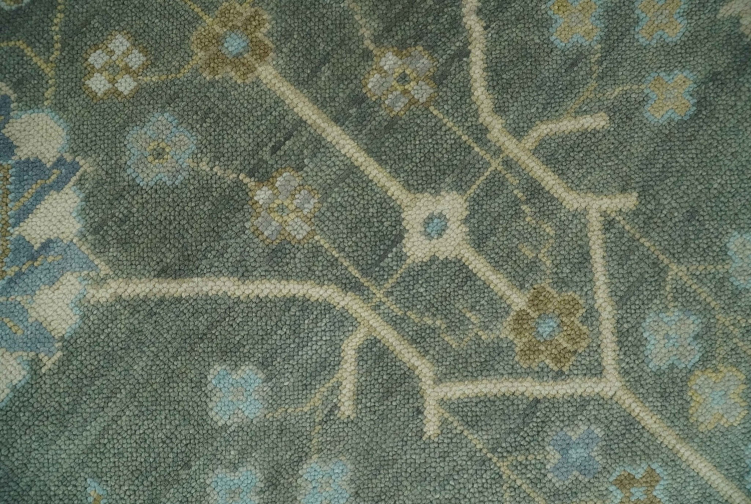 Antique Moss Charcoal Hand Knotted Olive and Beige Traditional Floral Vintage Wool Rug