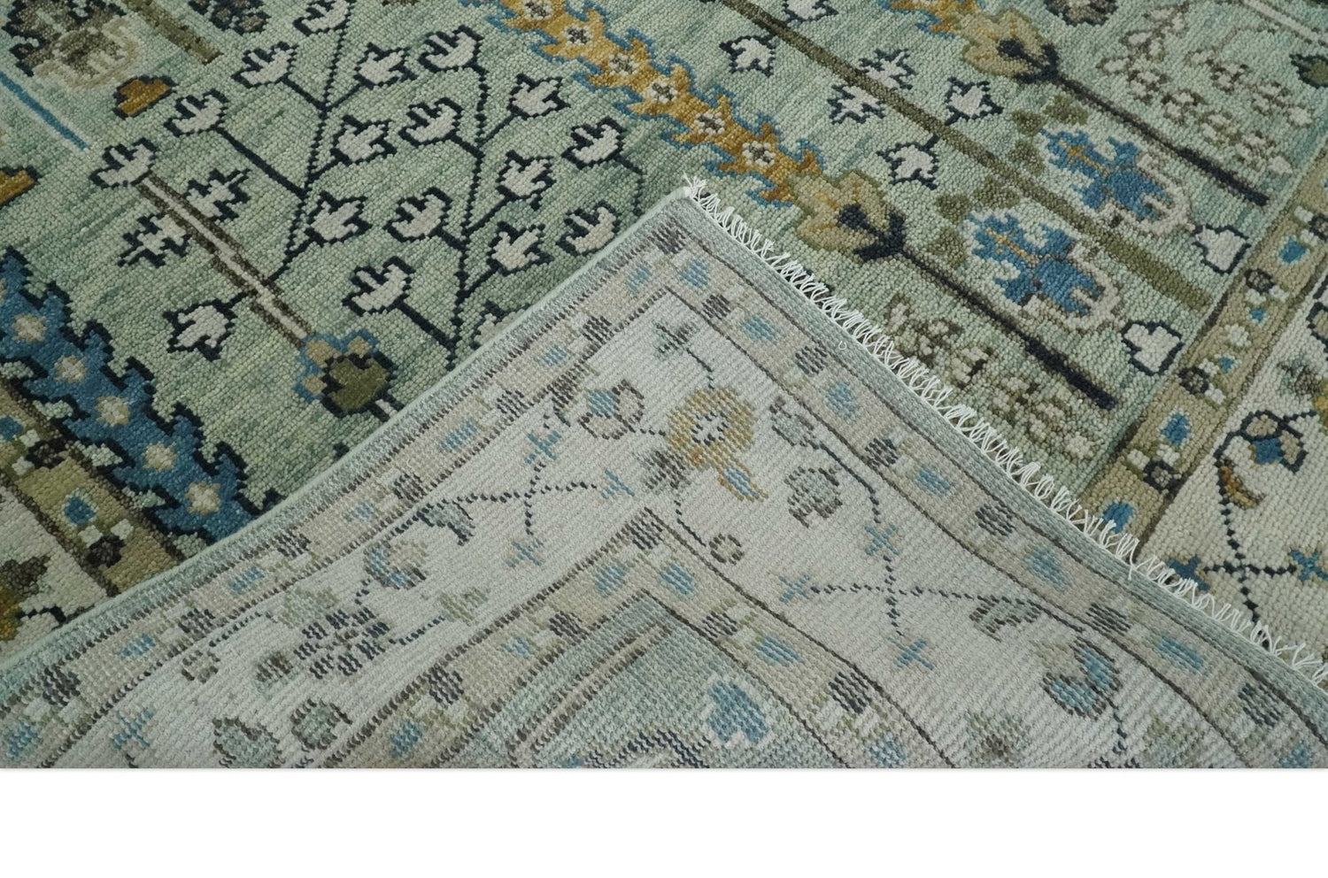 Moss Green and Ivory Multi Size Vintage Wool Hand Knotted Rug