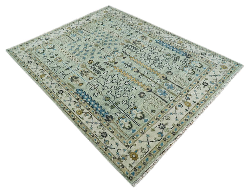 Moss Green and Ivory Multi Size Vintage Wool Hand Knotted Rug