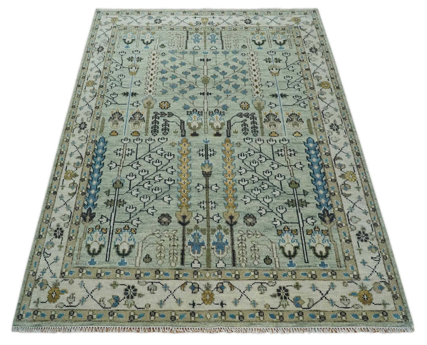 Moss Green and Ivory Multi Size Vintage Wool Hand Knotted Rug