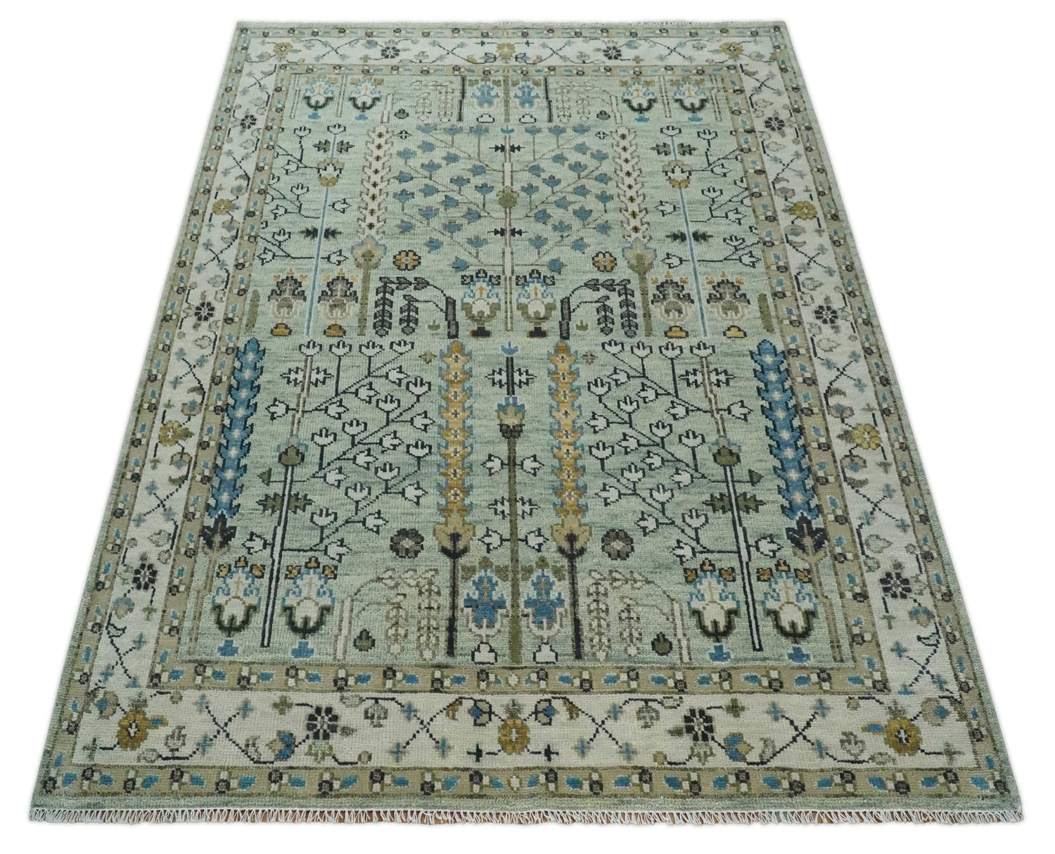 Moss Green and Ivory Multi Size Vintage Wool Hand Knotted Rug