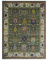 Hand Knotted Charcoal, Ivory and Green Traditional Oushak Custom Made Wool Area Rug
