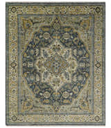 Antique Muted Traditional Heriz Serapi Medallion Blue ,Beige and Brown Hand knotted Custom made wool Area Rug