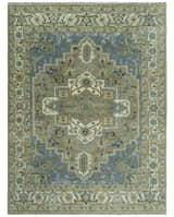 Antique Olive, Blue and Ivory Heriz Serapi Multi Size Wool Area Rug