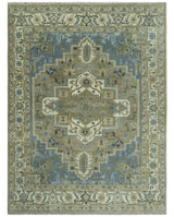 Antique Olive, Blue and Ivory Heriz Serapi Multi Size Wool Area Rug