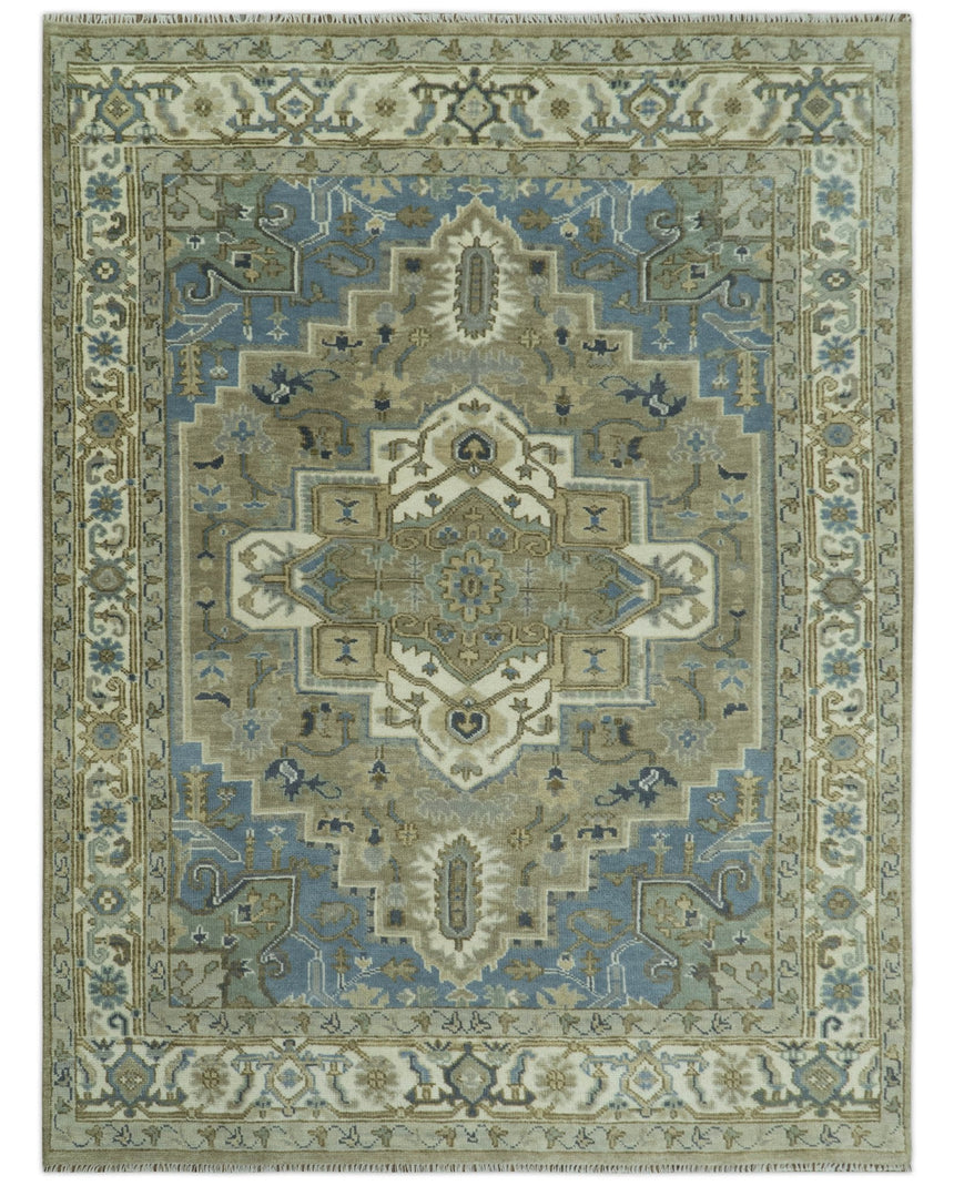 Antique Olive, Blue and Ivory Heriz Serapi Multi Size Wool Area Rug