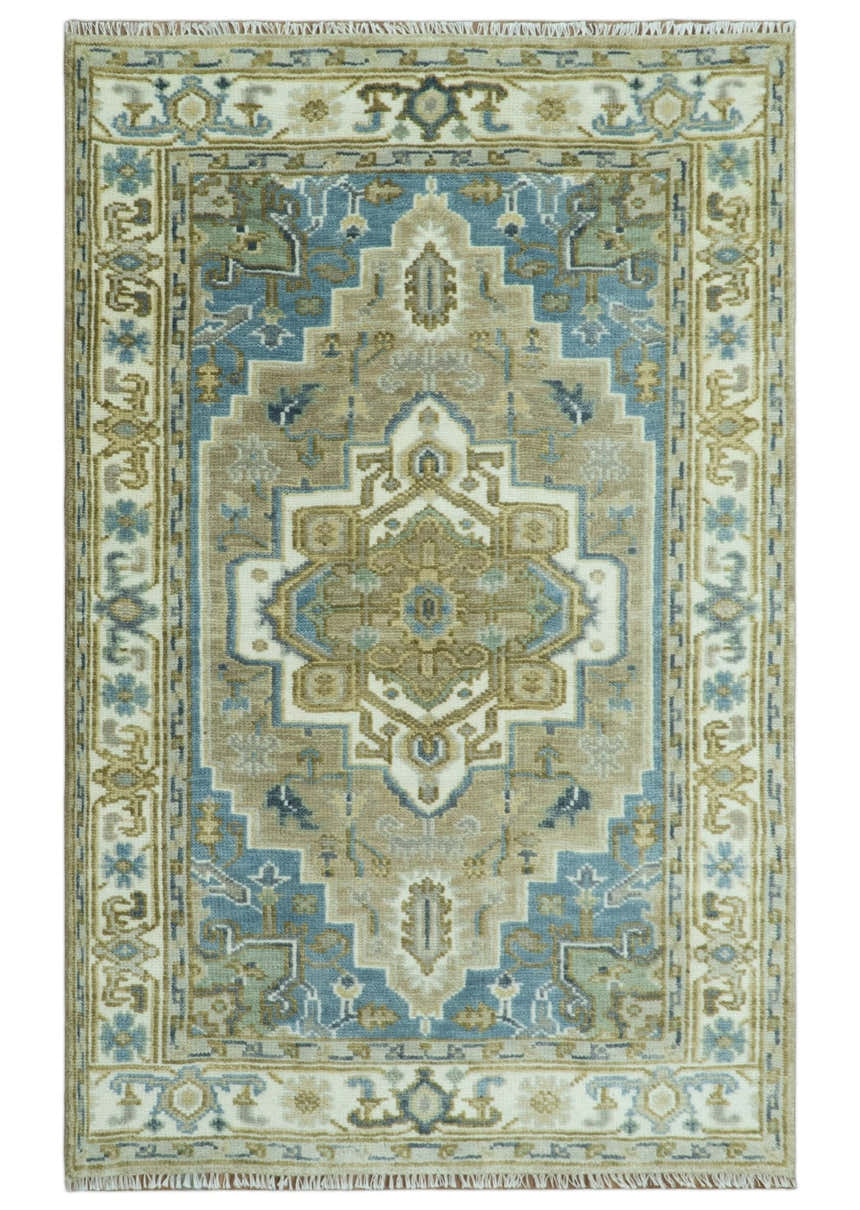 Antique Olive, Blue and Ivory Heriz Serapi Multi Size Wool Area Rug