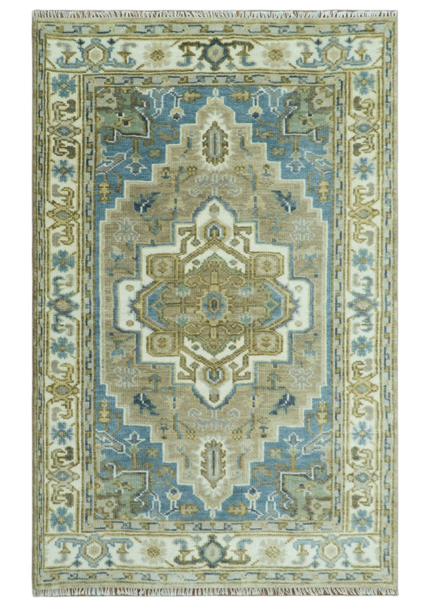 Antique Olive, Blue and Ivory Heriz Serapi Multi Size Wool Area Rug