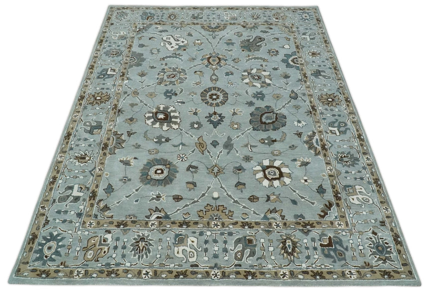 Light Blue, Beige and Gray Traditional Oriental Oushak Hand Tufted Custom Made wool Area Rug