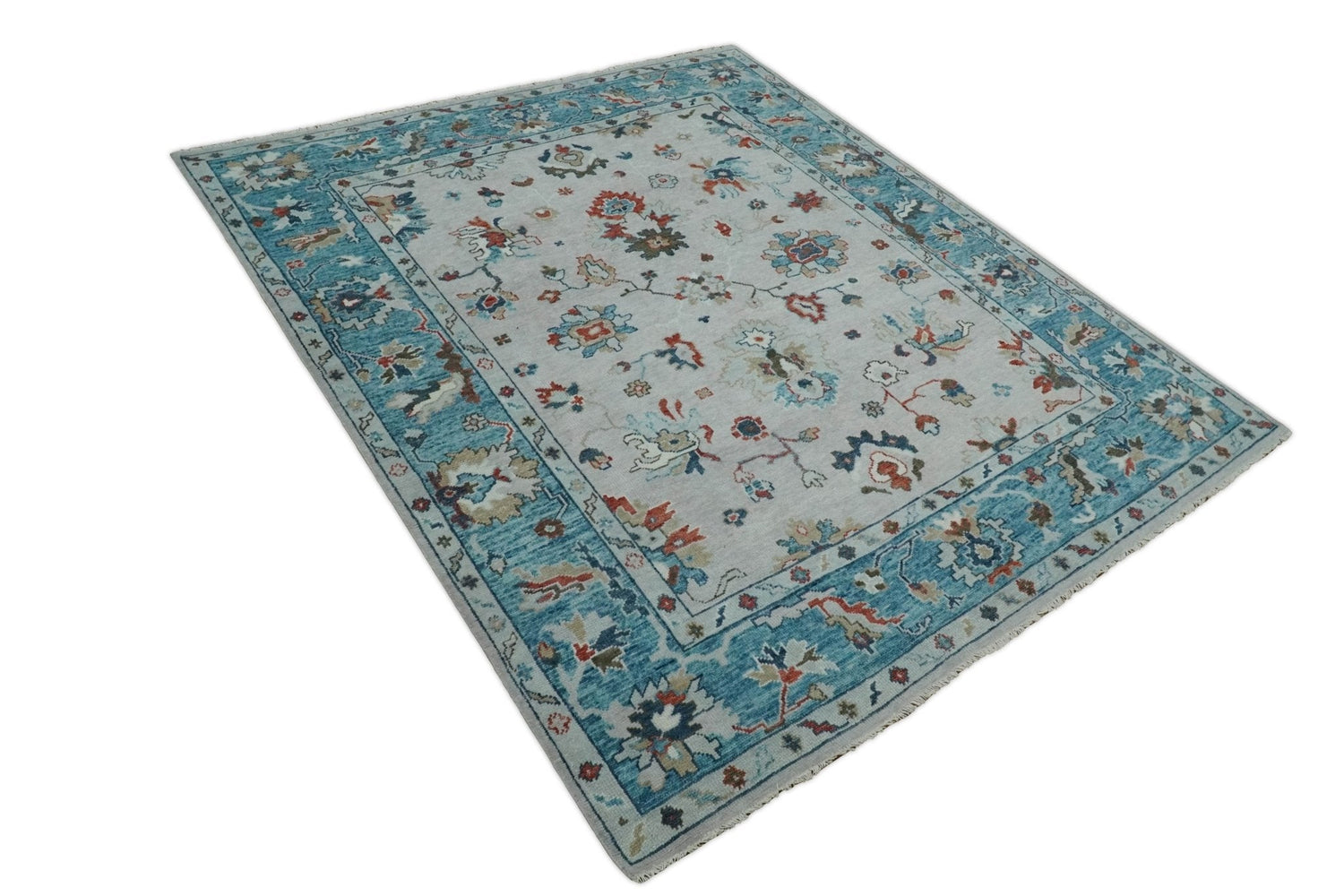 Ivory and Blue Vibrant Colorful Hand knotted Traditional Oushak Multi Size wool Area Rug