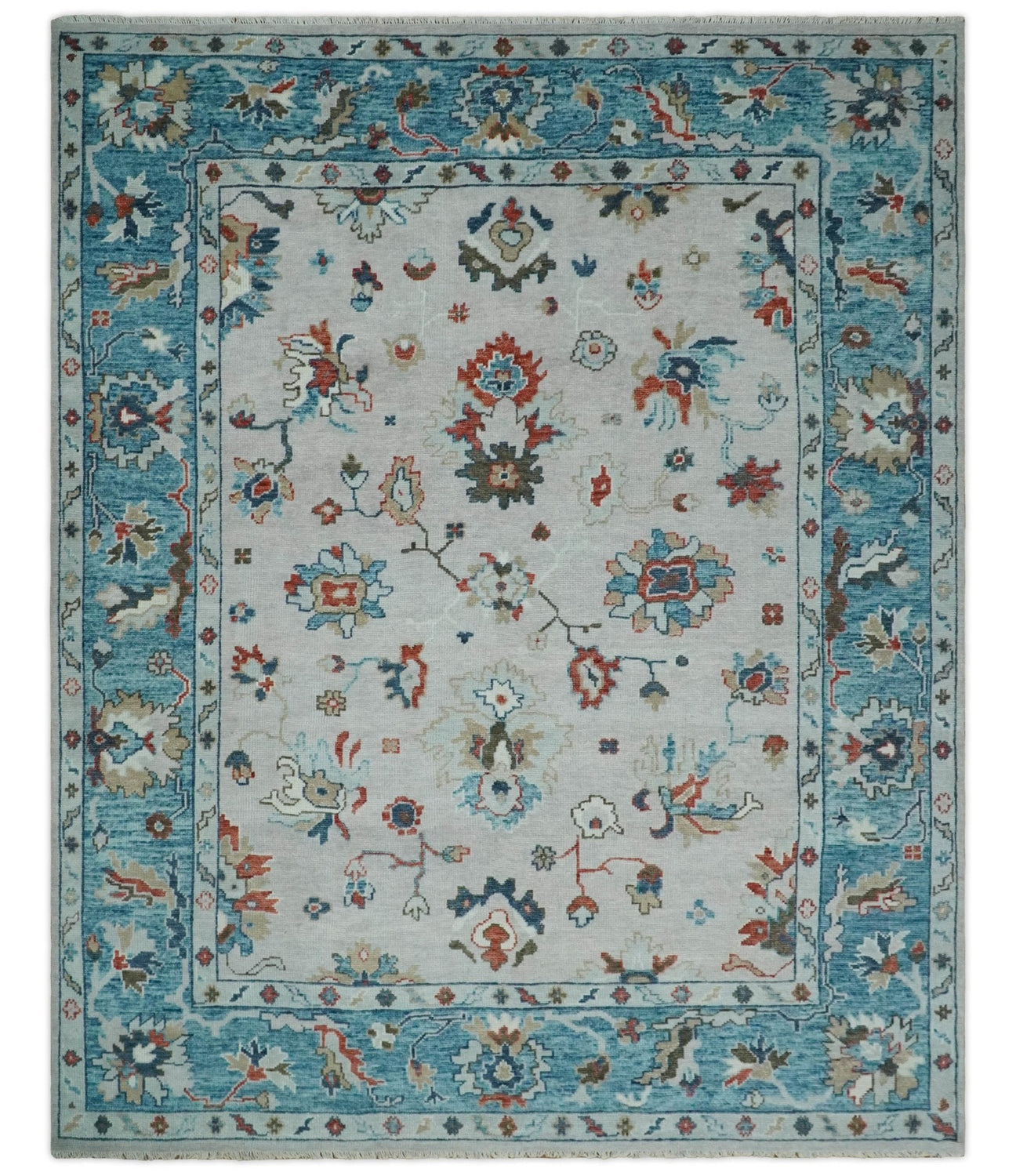 Ivory and Blue Vibrant Colorful Hand knotted Traditional Oushak Multi Size wool Area Rug