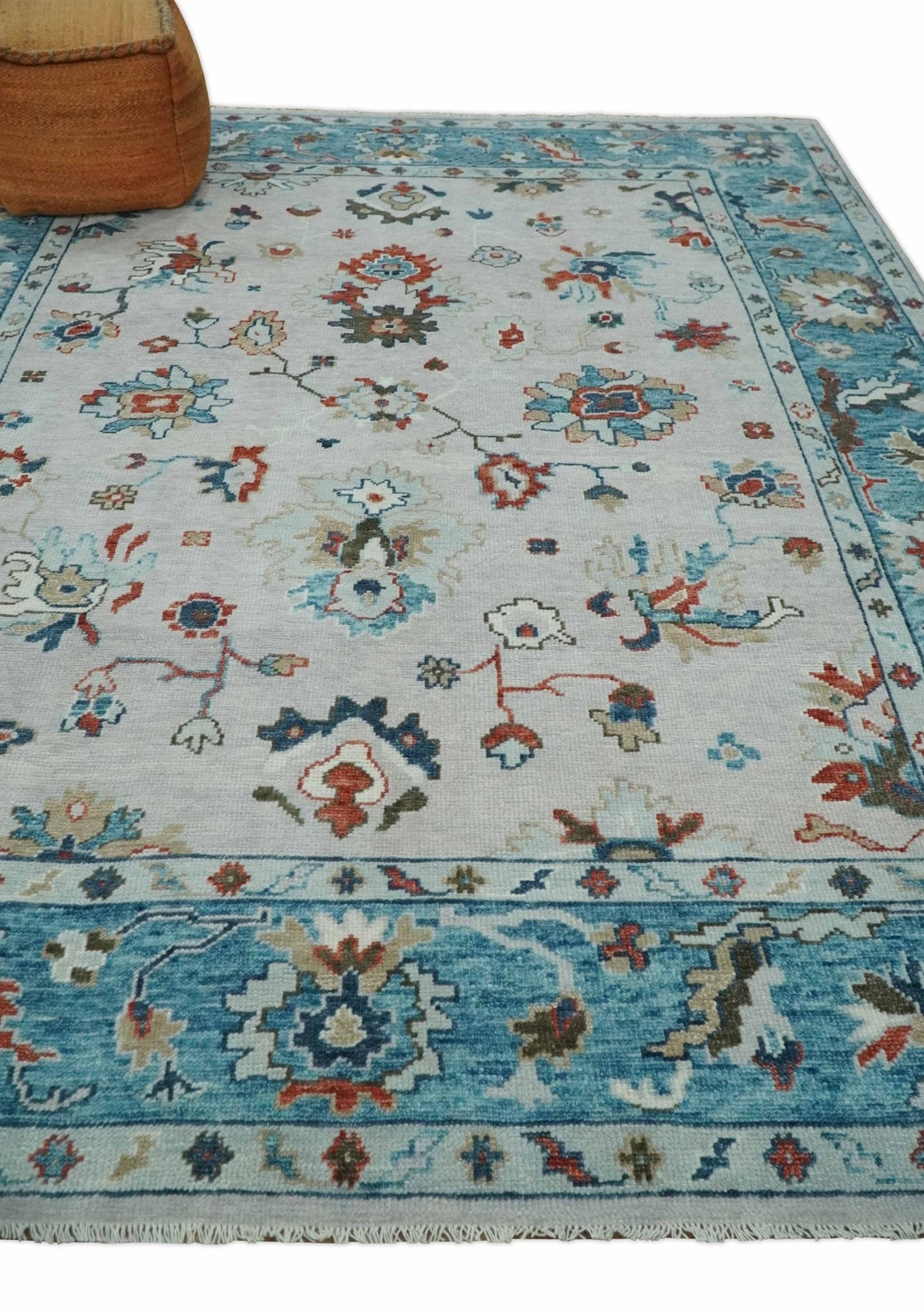 Ivory and Blue Vibrant Colorful Hand knotted Traditional Oushak Multi Size wool Area Rug