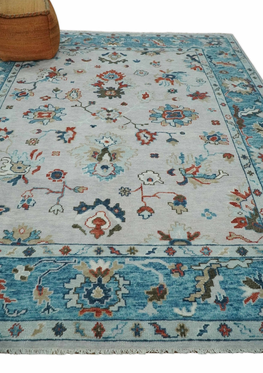 Ivory and Blue Vibrant Colorful Hand knotted Traditional Oushak Multi Size wool Area Rug