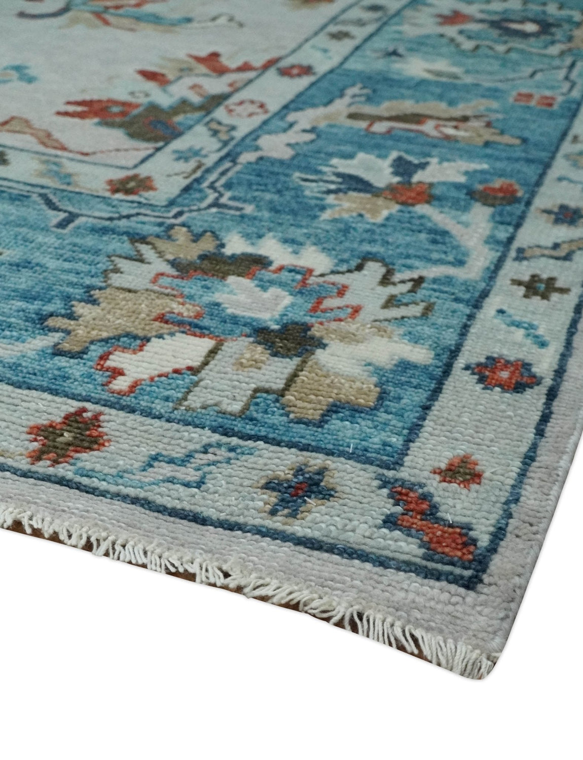 Ivory and Blue Vibrant Colorful Hand knotted Traditional Oushak Multi Size wool Area Rug