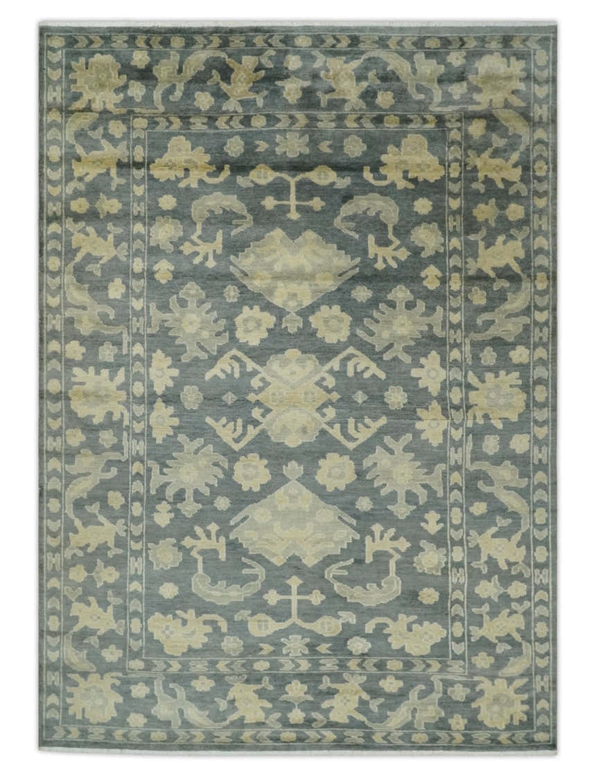 Antique Style 6x9 Hand Knotted Beige and Charcoal Traditional Wool Rug | N35669