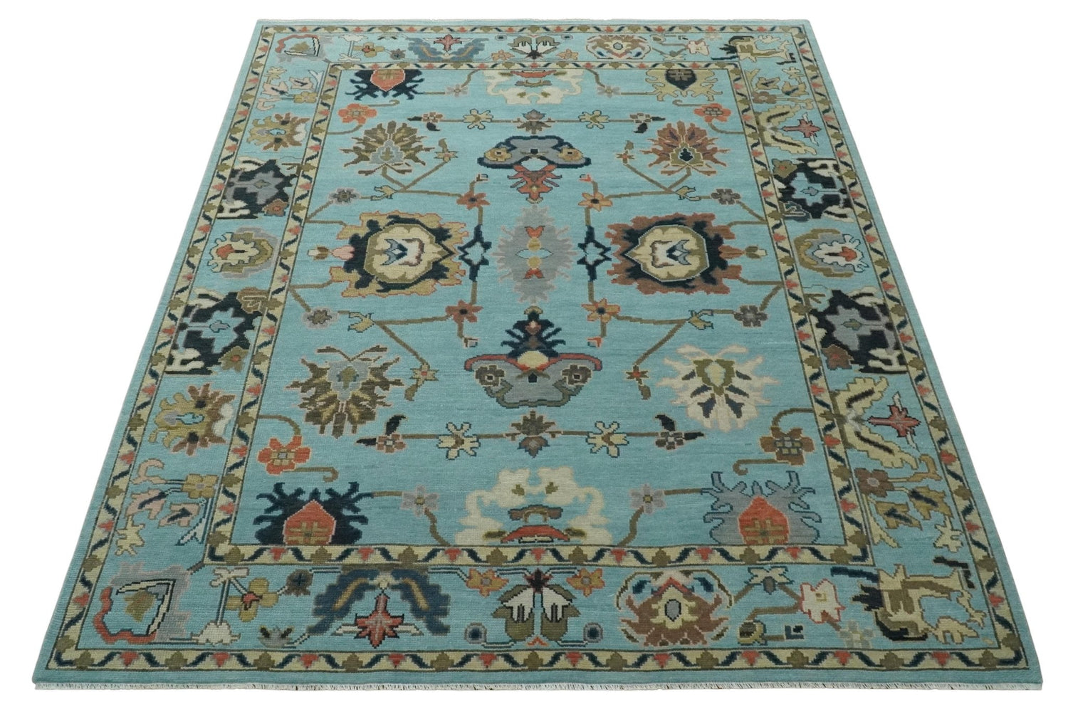 Antique Style Aqua Multi Size Hand Knotted Colorful Traditional Oushak Wool Area Rug