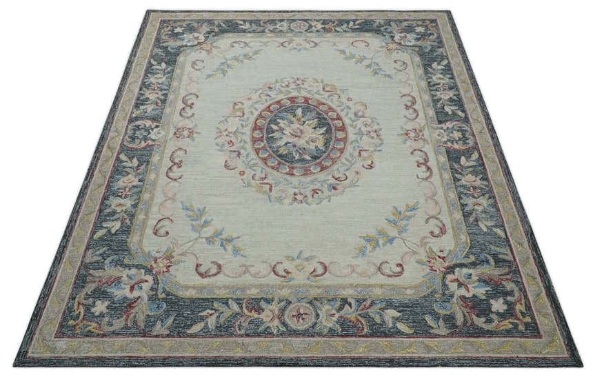 Antique Style Beige and Charcoal Aubusson design Hand Tufted 8x10 wool Area Rug