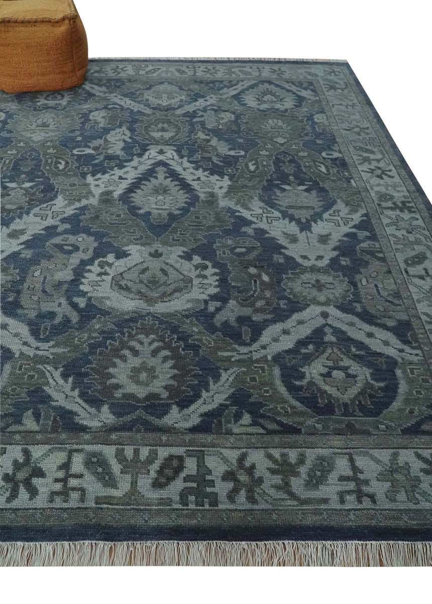 Antique style Blue, Charcoal and Silver Hand Knotted dragon Oushak Wool Area Rug