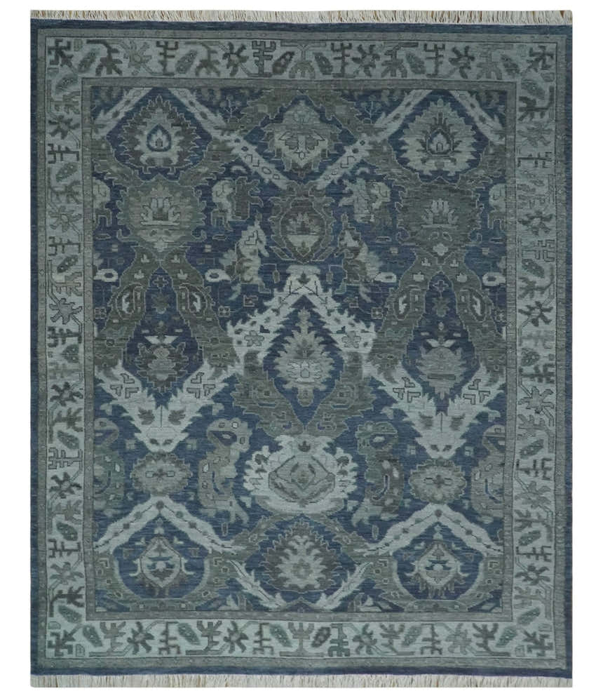 Antique style Blue, Charcoal and Silver Hand Knotted dragon Oushak Wool Area Rug