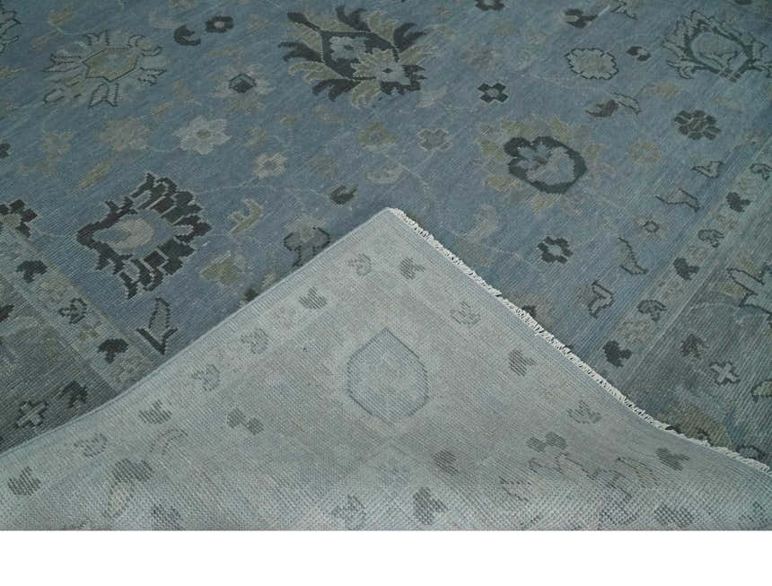 Antique style Blue, Silver and Charcoal Hand Knotted Oushak Wool Area Rug