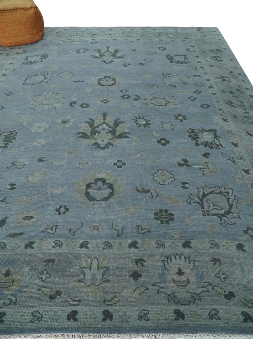 Antique style Blue, Silver and Charcoal Hand Knotted Oushak Wool Area Rug